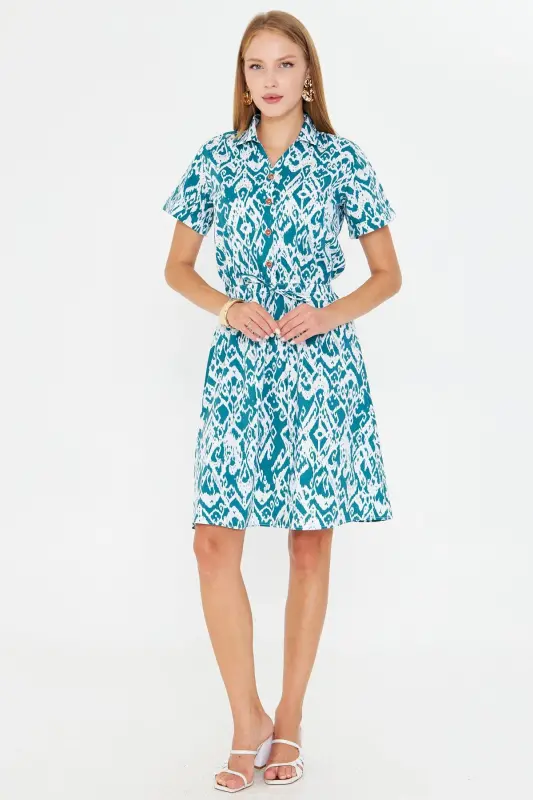 Women Emerald Elastic Waist Patterned Short Sleeve Shirt Dress ARM-23Y001079-Emerald - 2