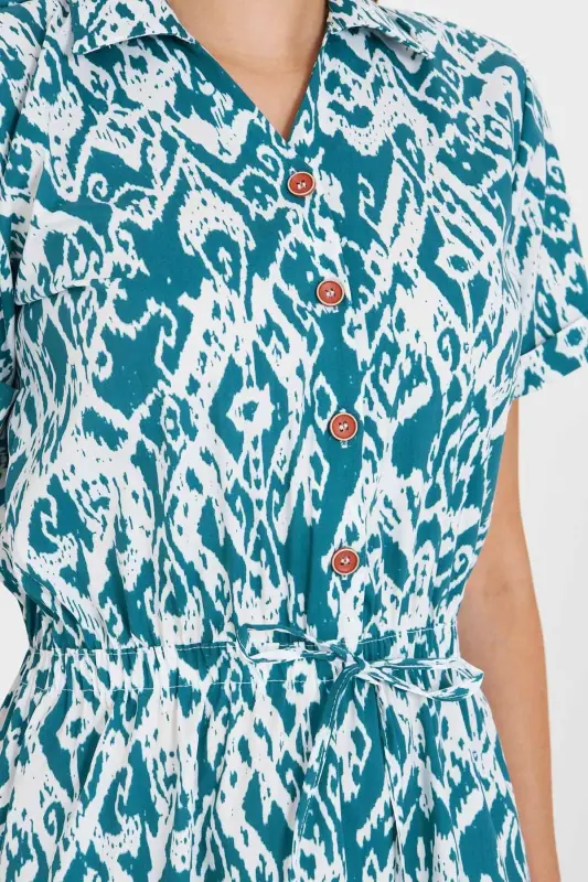 Women Emerald Elastic Waist Patterned Short Sleeve Shirt Dress ARM-23Y001079-Emerald - 4