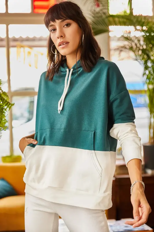 Women Emerald Green 2 Color Oversize Hoodie Sweatshirt SWT-19000228-Emerald Green - 2