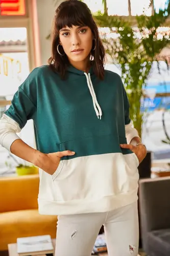 Women Emerald Green 2 Color Oversize Hoodie Sweatshirt SWT-19000228-Emerald Green - 3