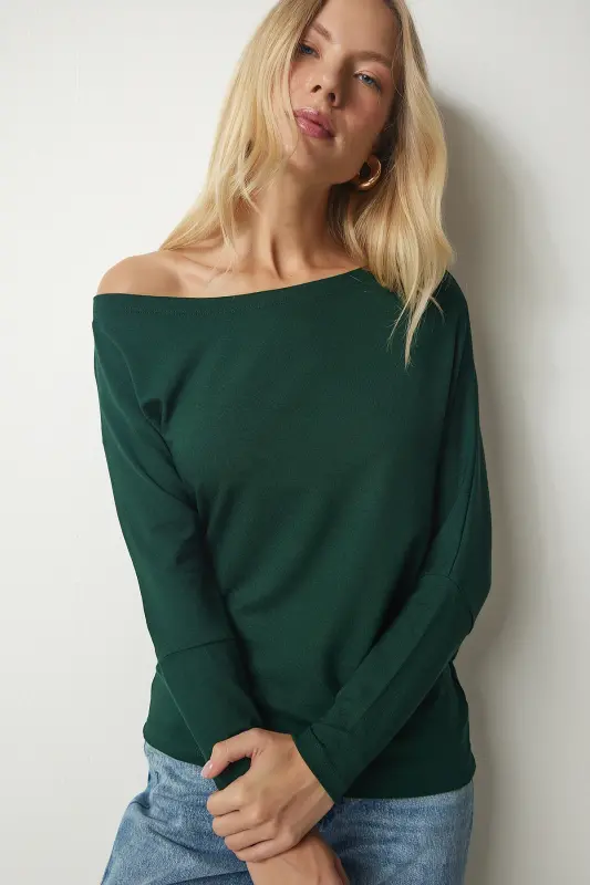 Women Emerald Green Boat Neck Knit Blouse UB00151-Emerald Green - 3