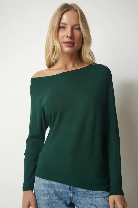 Women Emerald Green Boat Neck Knit Blouse UB00151-Emerald Green - 4