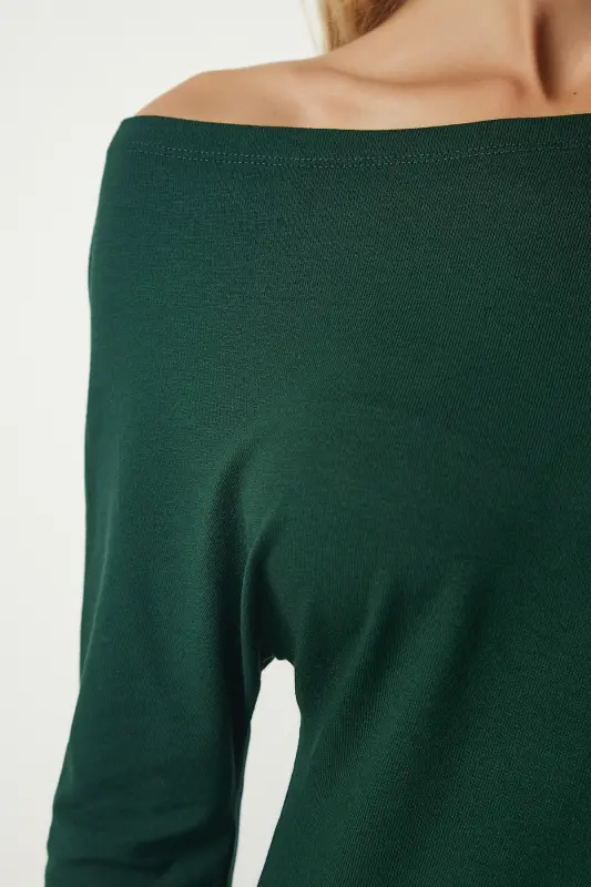 Women Emerald Green Boat Neck Knit Blouse UB00151-Emerald Green - 5