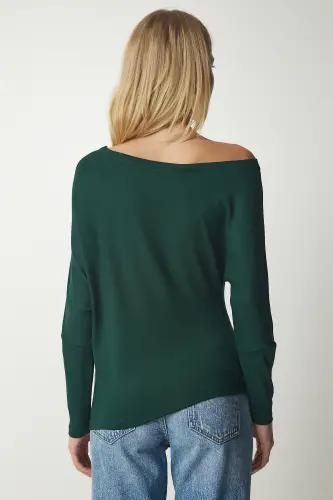 Women Emerald Green Boat Neck Knit Blouse UB00151-Emerald Green - 6