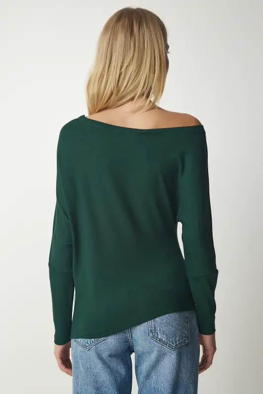 Women Emerald Green Boat Neck Knit Blouse UB00151-Emerald Green - 6