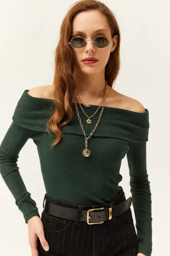 Women Emerald Green Madonna Collar Brushed Corset Blouse BLZ-19000615-Emerald Green 