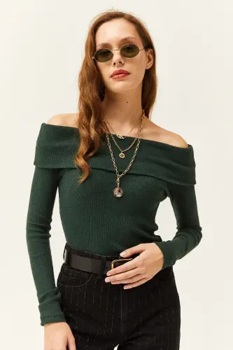 Women Emerald Green Madonna Collar Brushed Corset Blouse BLZ-19000615-Emerald Green - 3