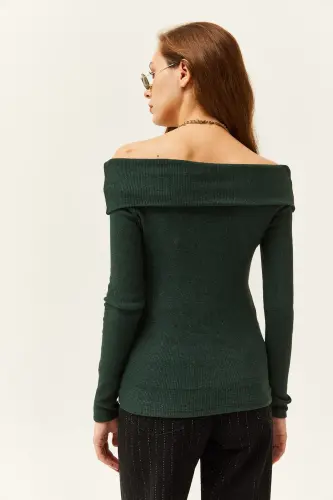 Women Emerald Green Madonna Collar Brushed Corset Blouse BLZ-19000615-Emerald Green - 6