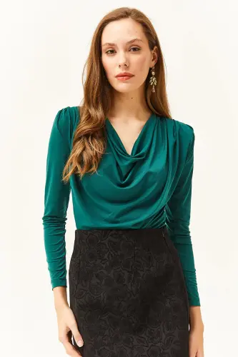 Women Emerald Green Padded Pleated Cowl Neck Blouse BLZ-19002419-Emerald Green - 3