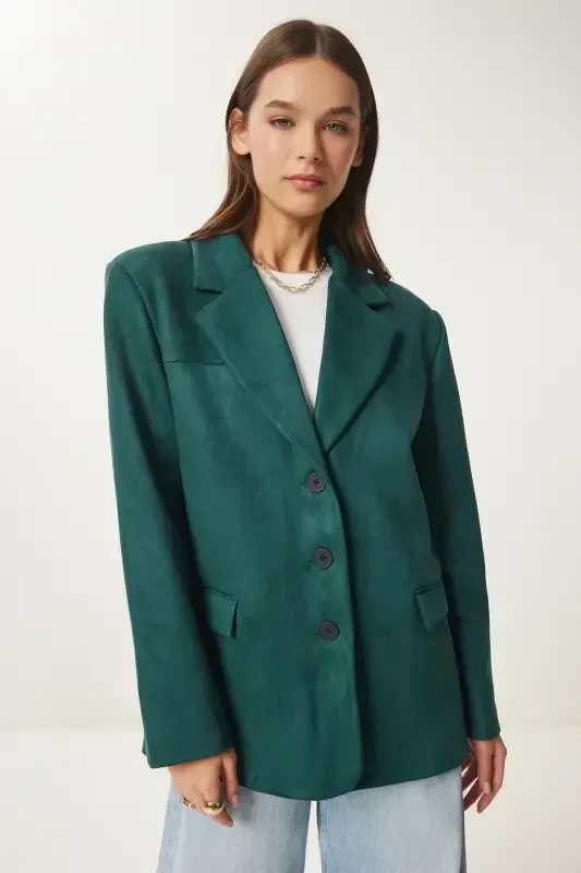 Women Emerald Green Premium Suede Blazer Jacket FN03443-Emerald Green - HAPPINESS İSTANBUL