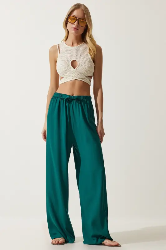 Women Emerald Green Summer Viscose Palazzo Pants EN00610-Emerald Green - 2