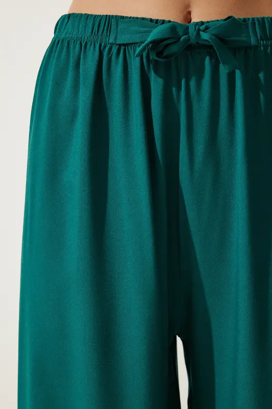 Women Emerald Green Summer Viscose Palazzo Pants EN00610-Emerald Green - 4