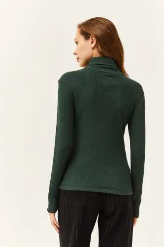 Women Emerald Green Turtleneck Finger Detailed Lycra Blouse BLZ-19001644-Emerald Green - OLALOOK (1)