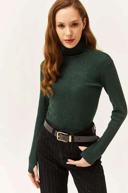 Women Emerald Green Turtleneck Finger Detailed Lycra Blouse BLZ-19001644-Emerald Green - 3