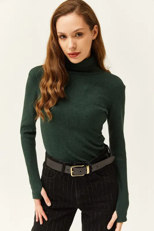 Women Emerald Green Turtleneck Finger Detailed Lycra Blouse BLZ-19001644-Emerald Green - 4
