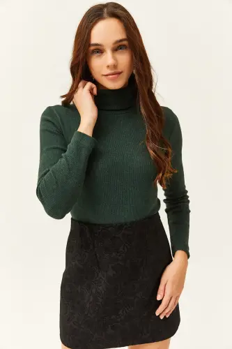 Women Emerald Green Turtleneck Plush Ribbed Knitwear Sweater KZK-19000395-Emerald Green 