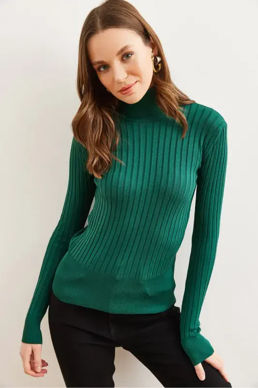 Women Emerald Green Turtleneck Thick Ribbed Knit Sweater KZK-19000882-Emerald Green - 3