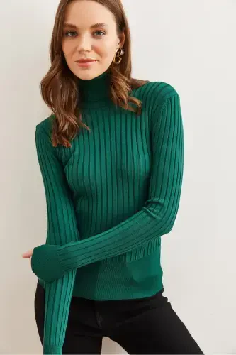 Women Emerald Green Turtleneck Thick Ribbed Knit Sweater KZK-19000882-Emerald Green - 4