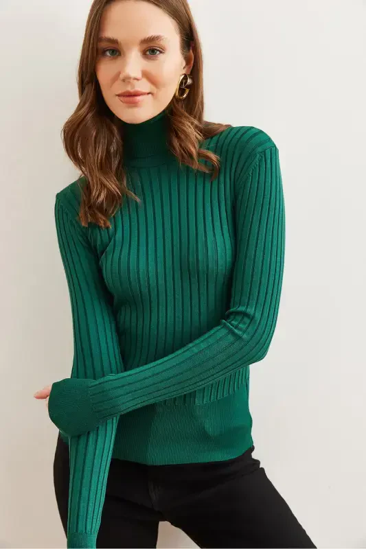 Women Emerald Green Turtleneck Thick Ribbed Knit Sweater KZK-19000882-Emerald Green - 4