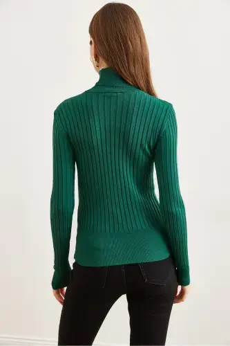 Women Emerald Green Turtleneck Thick Ribbed Knit Sweater KZK-19000882-Emerald Green - 5