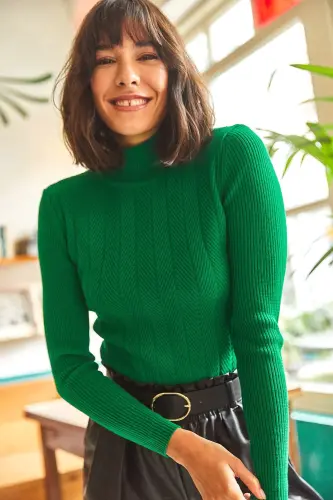 Women Emerald Green Turtleneck Zigzag Textured Soft Knitwear Sweater KZK-19000447-Emerald Green - 4