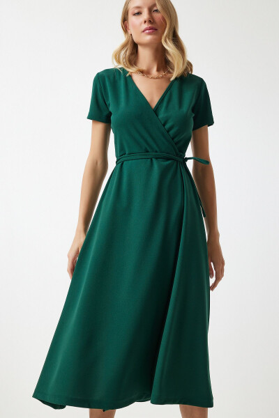 Women Emerald Green V Neck Wrap Midi Knitted Dress - HAPPINESS İSTANBUL