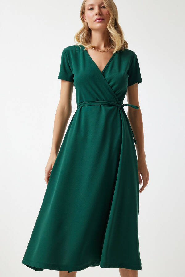 Women Emerald Green V Neck Wrap Midi Knitted Dress - 1