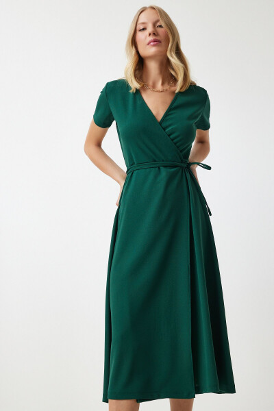 Women Emerald Green V Neck Wrap Midi Knitted Dress - HAPPINESS İSTANBUL (1)
