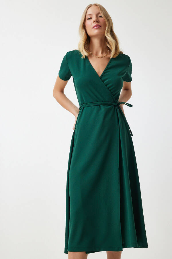 Women Emerald Green V Neck Wrap Midi Knitted Dress - 2