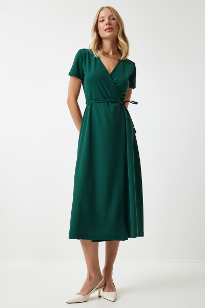 Women Emerald Green V Neck Wrap Midi Knitted Dress - 3