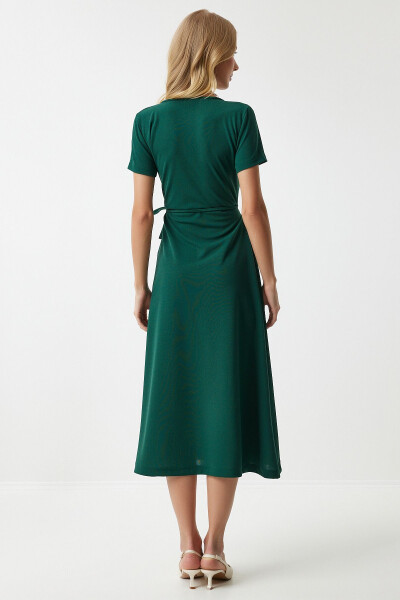 Women Emerald Green V Neck Wrap Midi Knitted Dress - 5