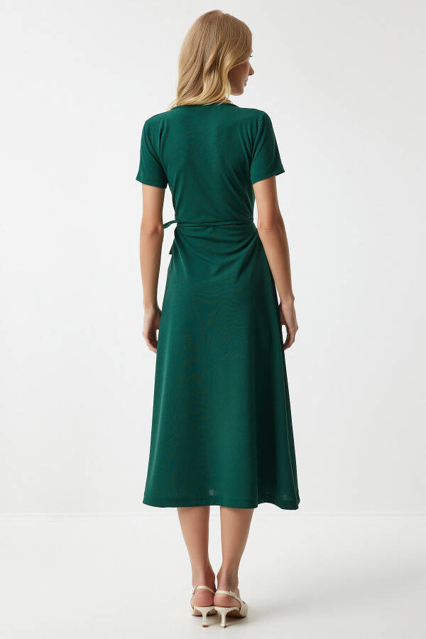 Women Emerald Green V Neck Wrap Midi Knitted Dress - 5