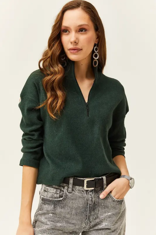 Women Emerald Green Zippered High Neck Plush Sweatshirt KZK-19000640-Emerald Green - OLALOOK