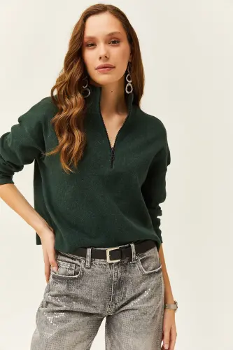 Women Emerald Green Zippered High Neck Plush Sweatshirt KZK-19000640-Emerald Green - OLALOOK (1)