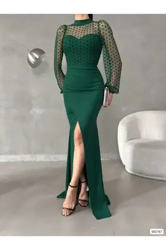 Women Emerald Turtleneck Tulle Detail Slit Plus Size Maxi Evening Dress-Emerald Green - 1