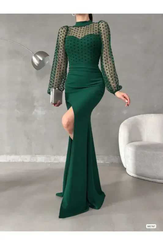 Women Emerald Turtleneck Tulle Detail Slit Plus Size Maxi Evening Dress-Emerald Green - 2