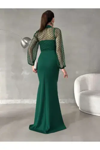 Women Emerald Turtleneck Tulle Detail Slit Plus Size Maxi Evening Dress-Emerald Green - 5