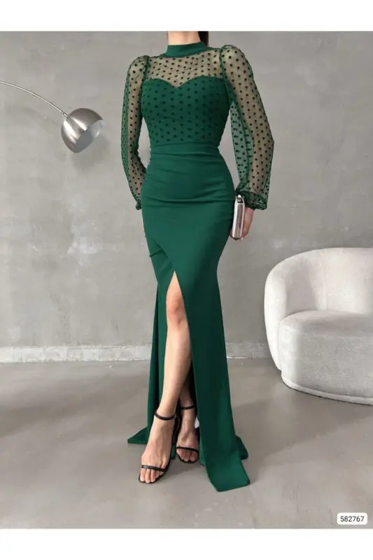 Women Emerald Turtleneck Tulle Detail Slit Plus Size Maxi Evening Dress-Emerald Green - WOOLNCLYDE