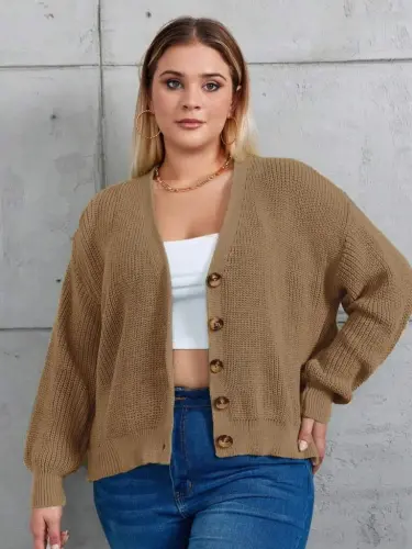 Women Five Button Plus Size Knitted Cardigan - BÜYÜKBEDENIZ (1)