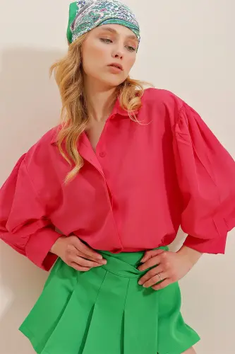 Women Fuchsia Balloon Sleeve Hidden Button Basic Poplin Shirt ALC-X9654-Fuchsia 