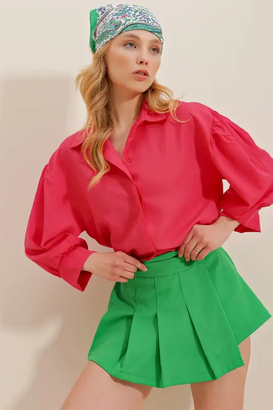 Women Fuchsia Balloon Sleeve Hidden Button Basic Poplin Shirt ALC-X9654-Fuchsia - 4