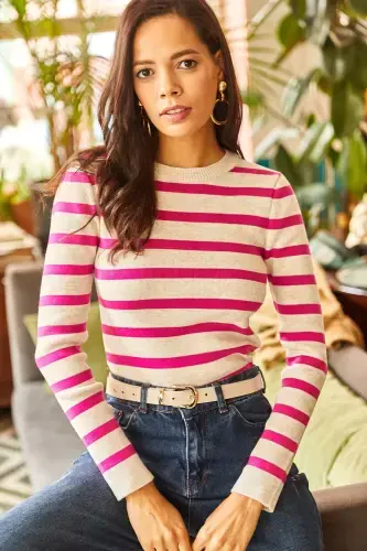 Women Fuchsia Bicycle Collar Striped Knitted Crop Sweater KZK-19000448-Fuchsia - 3