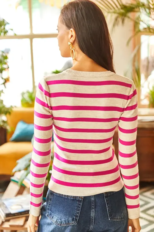 Women Fuchsia Bicycle Collar Striped Knitted Crop Sweater KZK-19000448-Fuchsia - 2