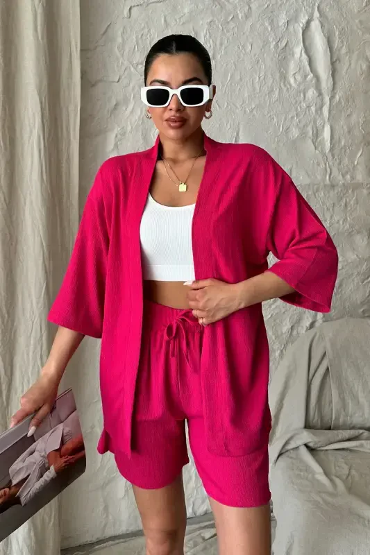 Women Fuchsia Pink Kimono Shirt Shorts Set-Fuchsia Pink - 1