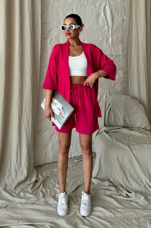 Women Fuchsia Pink Kimono Shirt Shorts Set-Fuchsia Pink - 2
