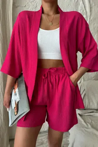 Women Fuchsia Pink Kimono Shirt Shorts Set-Fuchsia Pink - 3