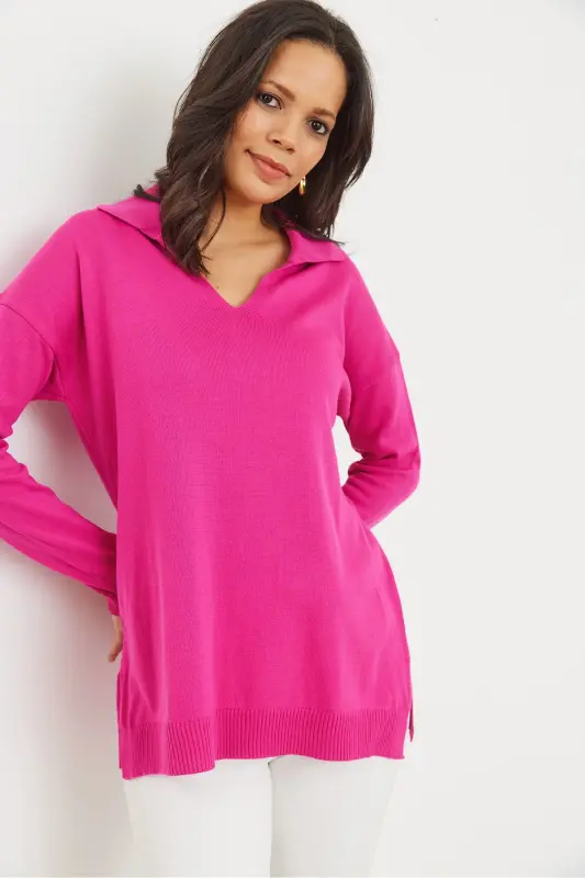 Women Fuchsia Polo Neck Basic Knit Sweater KZK-19000871-Fuchsia - 4