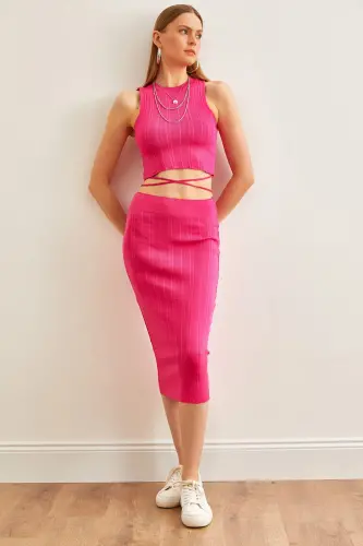 Women Fuchsia Top Strappy Blouse Skirt Knitwear Set TKM - 1