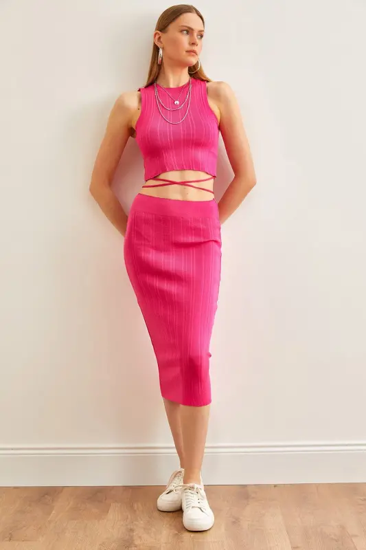 Women Fuchsia Top Strappy Blouse Skirt Knitwear Set TKM - OLALOOK