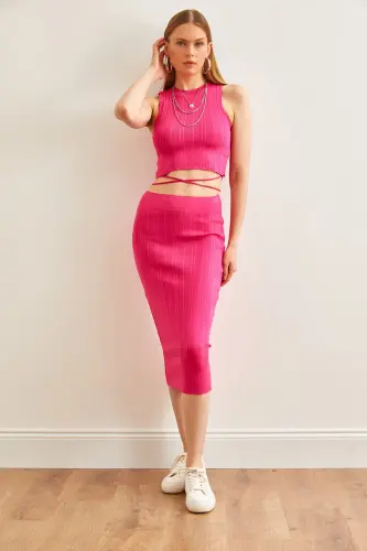 Women Fuchsia Top Strappy Blouse Skirt Knitwear Set TKM - 3